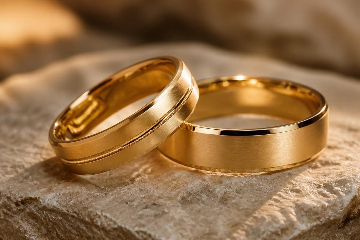 Two yellow gold wedding bands resting on natural stone