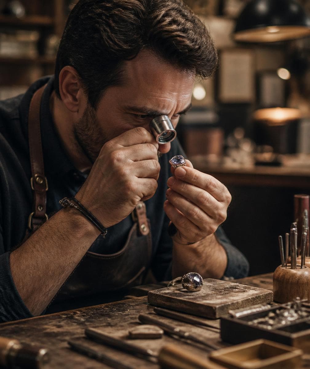 A jeweller inspects a gemstone ring with a loupe at the workbench