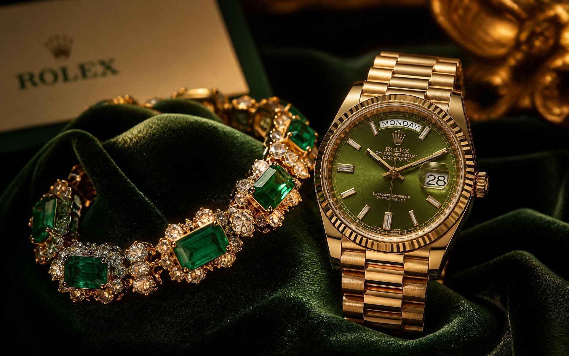 Rolex Day-Date gold watch with an olive green dial beside an emerald and diamond bracelet on green velvet