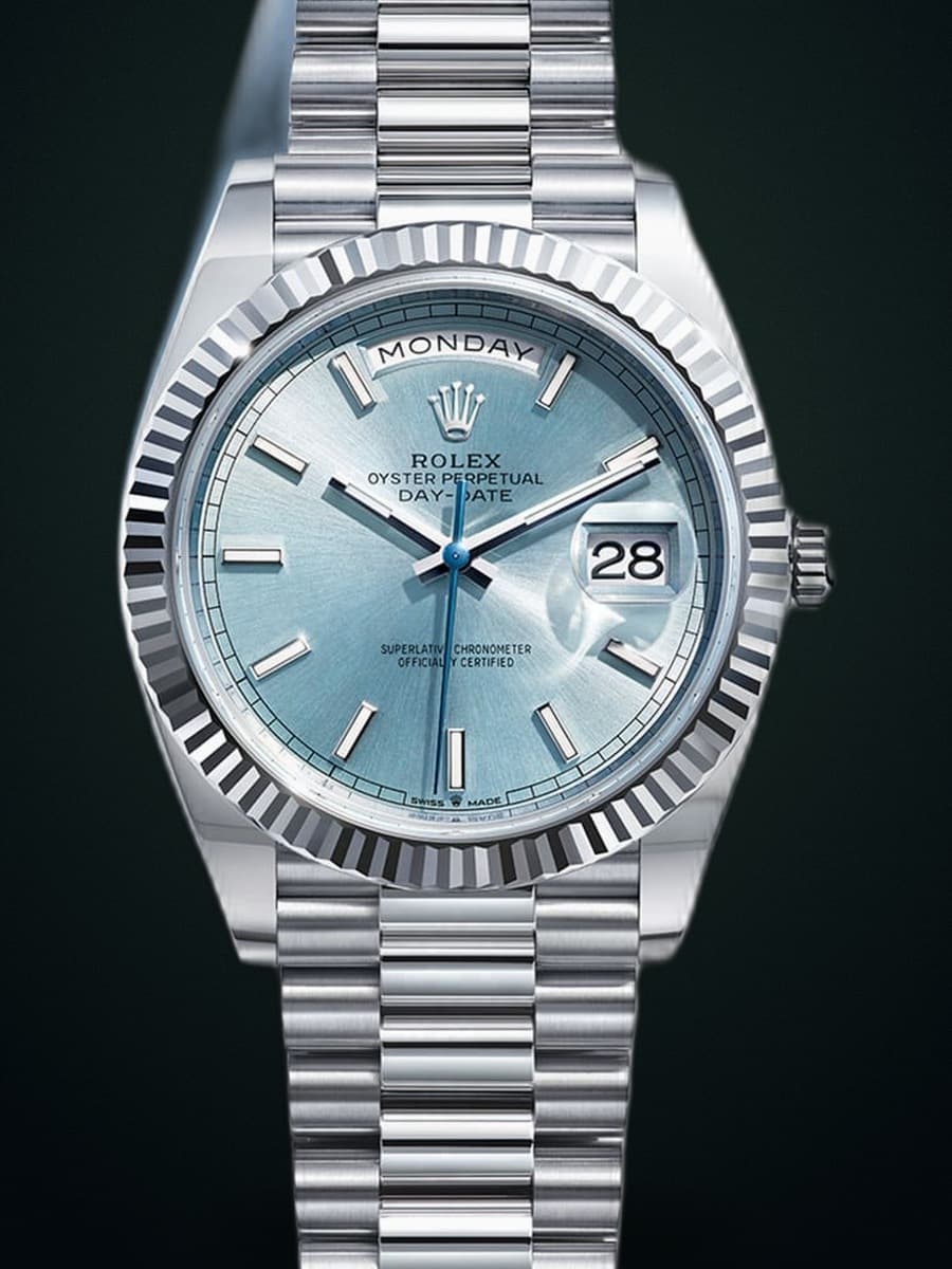 Rolex Day-Date — ice-blue dial, official Rolex imagery